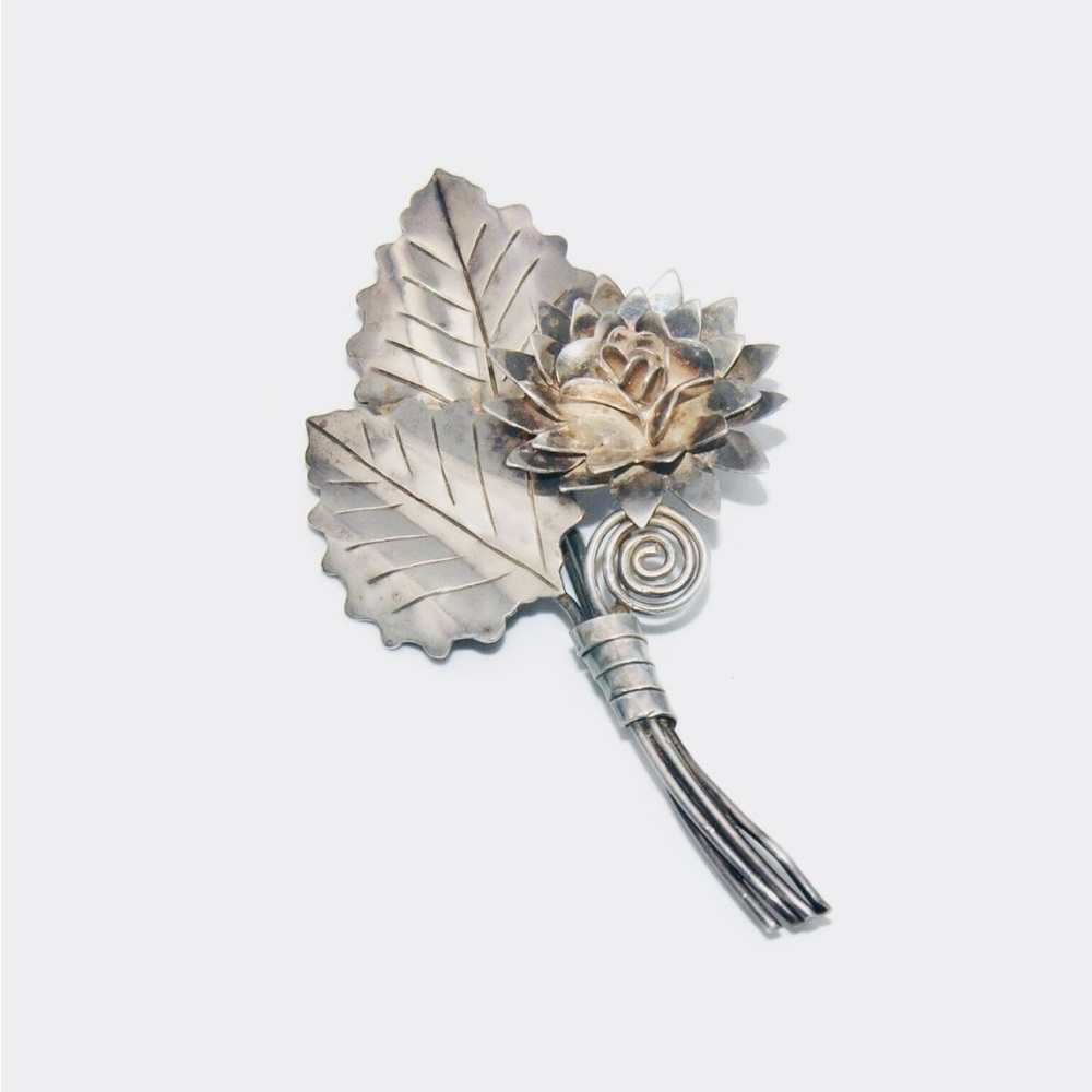 Large vintage Raffaele sterling silver flower Silver Floral Leaf Brooch